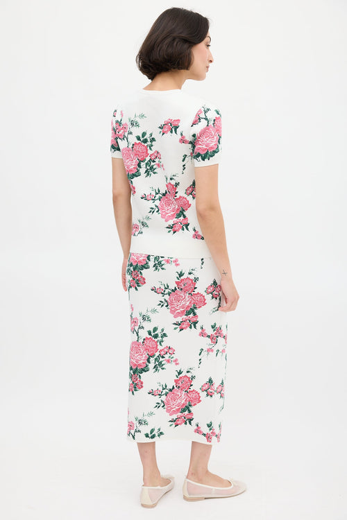 Carolina Herrera White & Pink Silk Floral Skirt Set