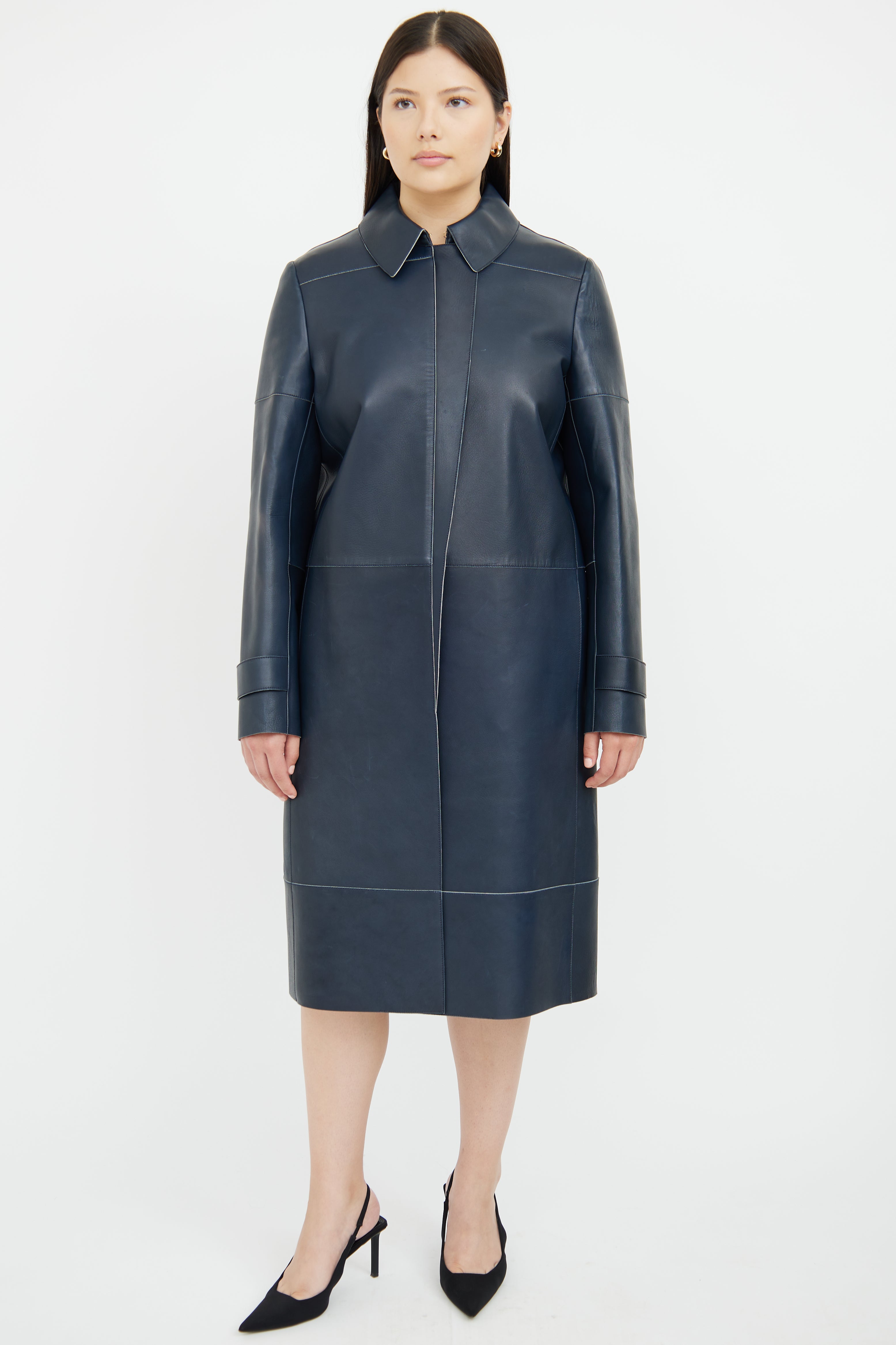 Caroline Issa Navy Long Leather Coat