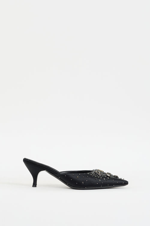Casadei Black Satin Embellished Pointed Toe Mule