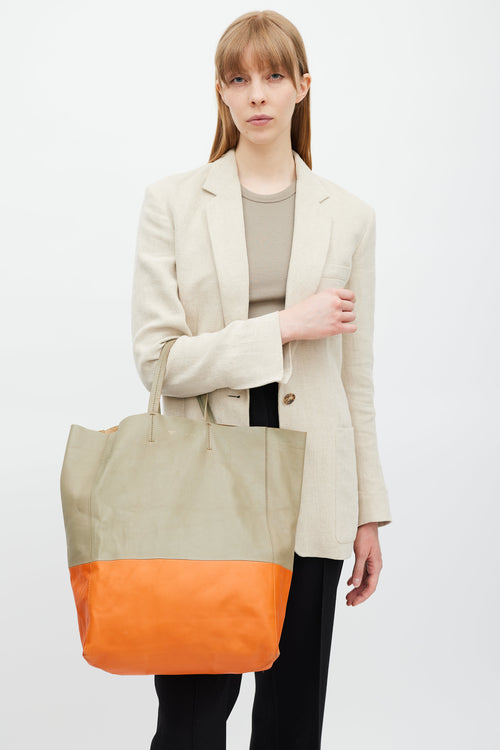 Celine Beige & Orange Cabas Leather Tote