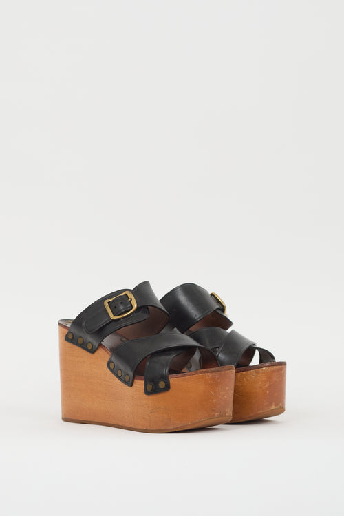 Celine Black Leather & Brown Wooden Platform Wedge