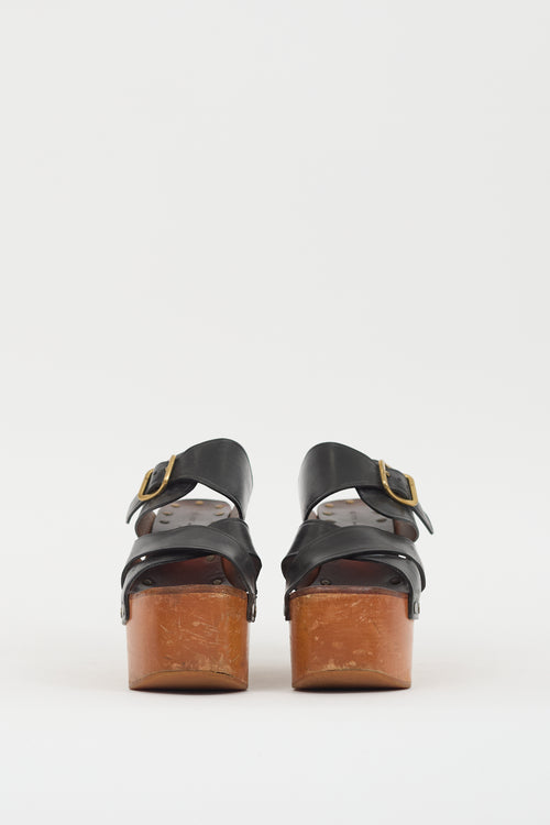 Celine Black Leather & Brown Wooden Platform Wedge