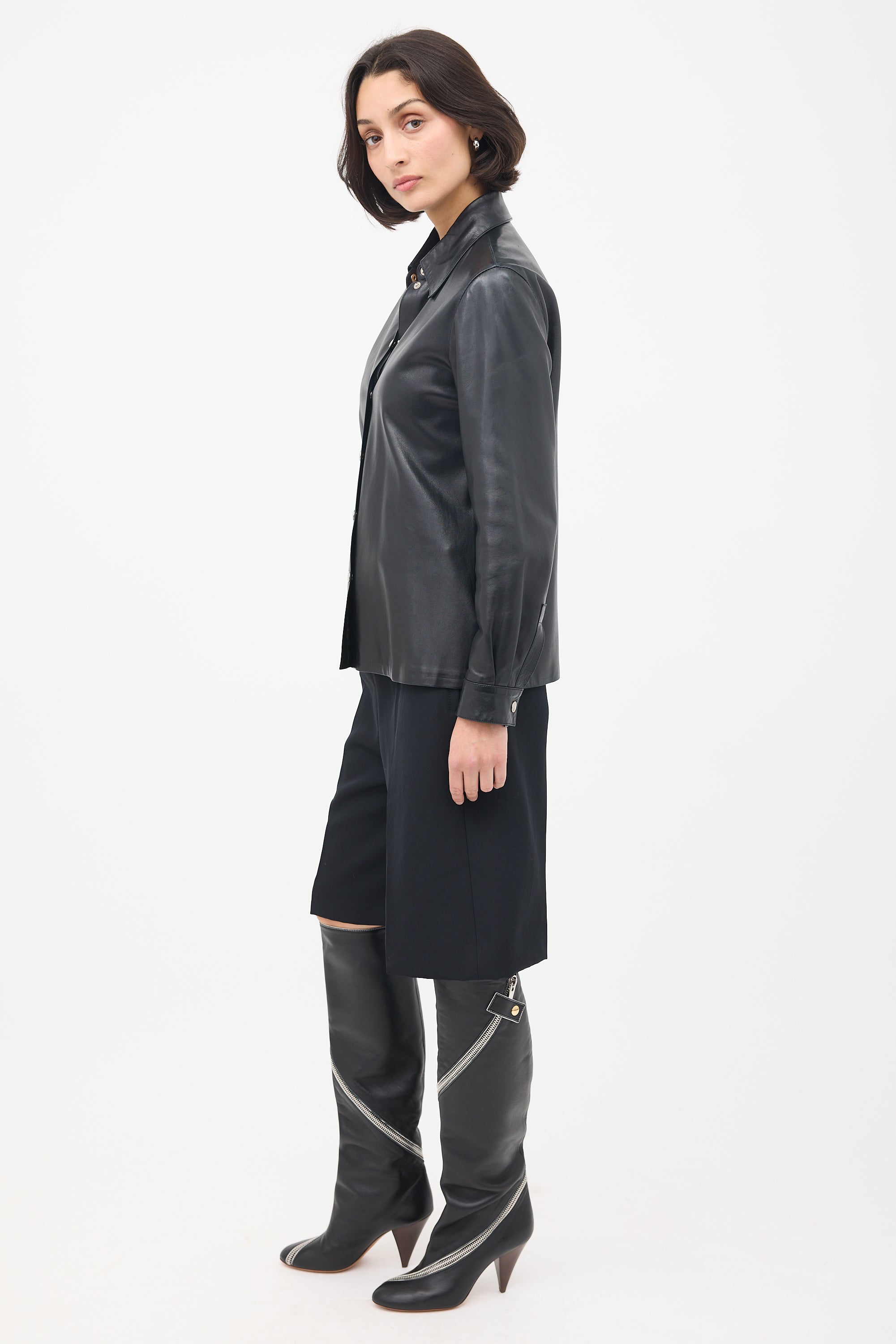 Celine Black Leather Snap Button Up Shirt