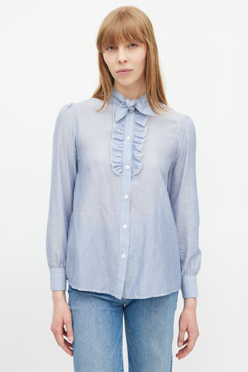 Celine Blue & White Striped Ruffled Shirt