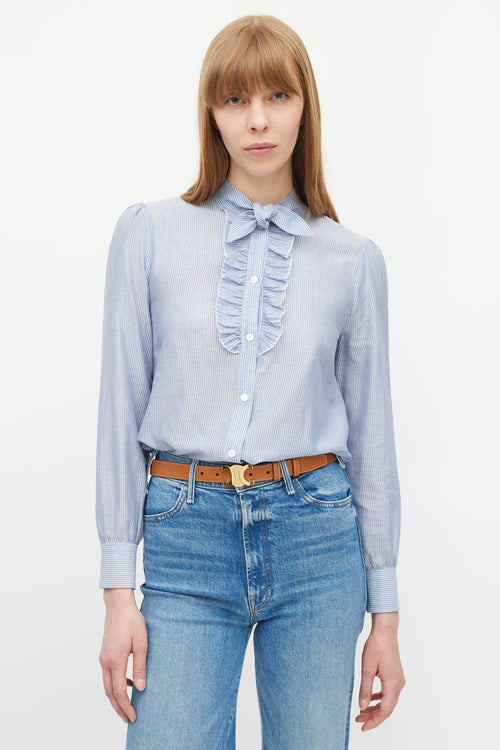 Celine Blue & White Striped Ruffled Shirt