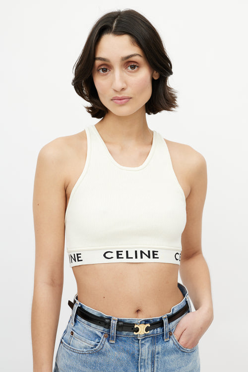 Celine Cream & Black Ribbed Logo Tank