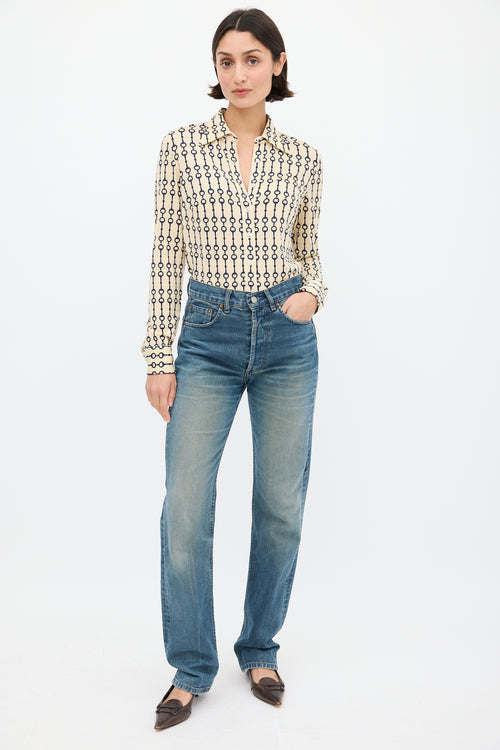 Celine Cream & Navy Wool Patterned Shirt