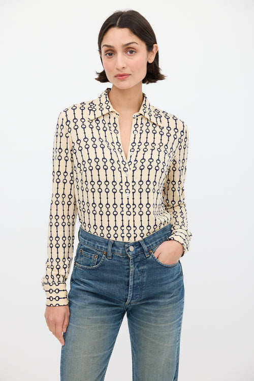 Celine Cream & Navy Wool Patterned Shirt