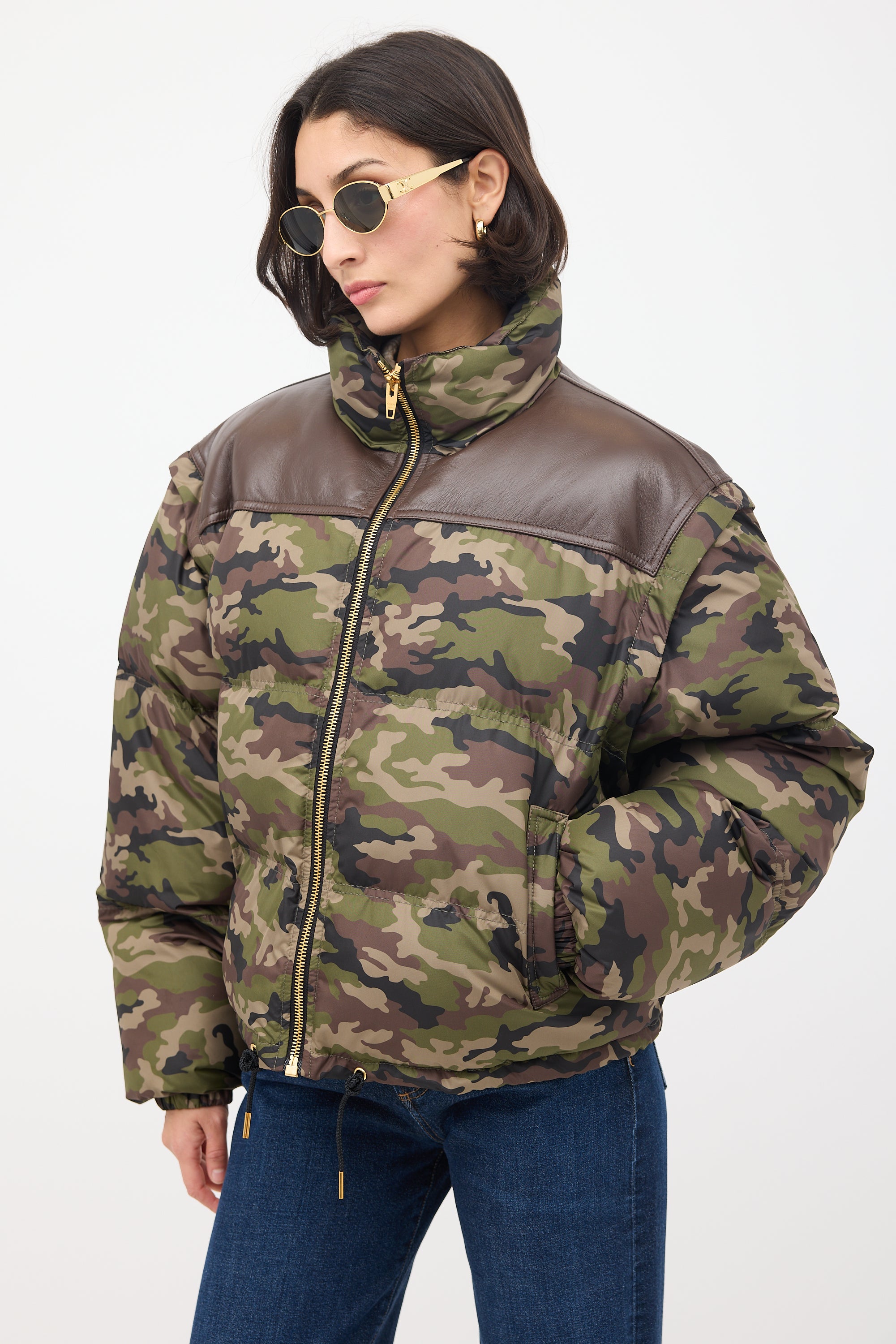 Celine Green & Brown Camouflage Modular Puffer Jacket