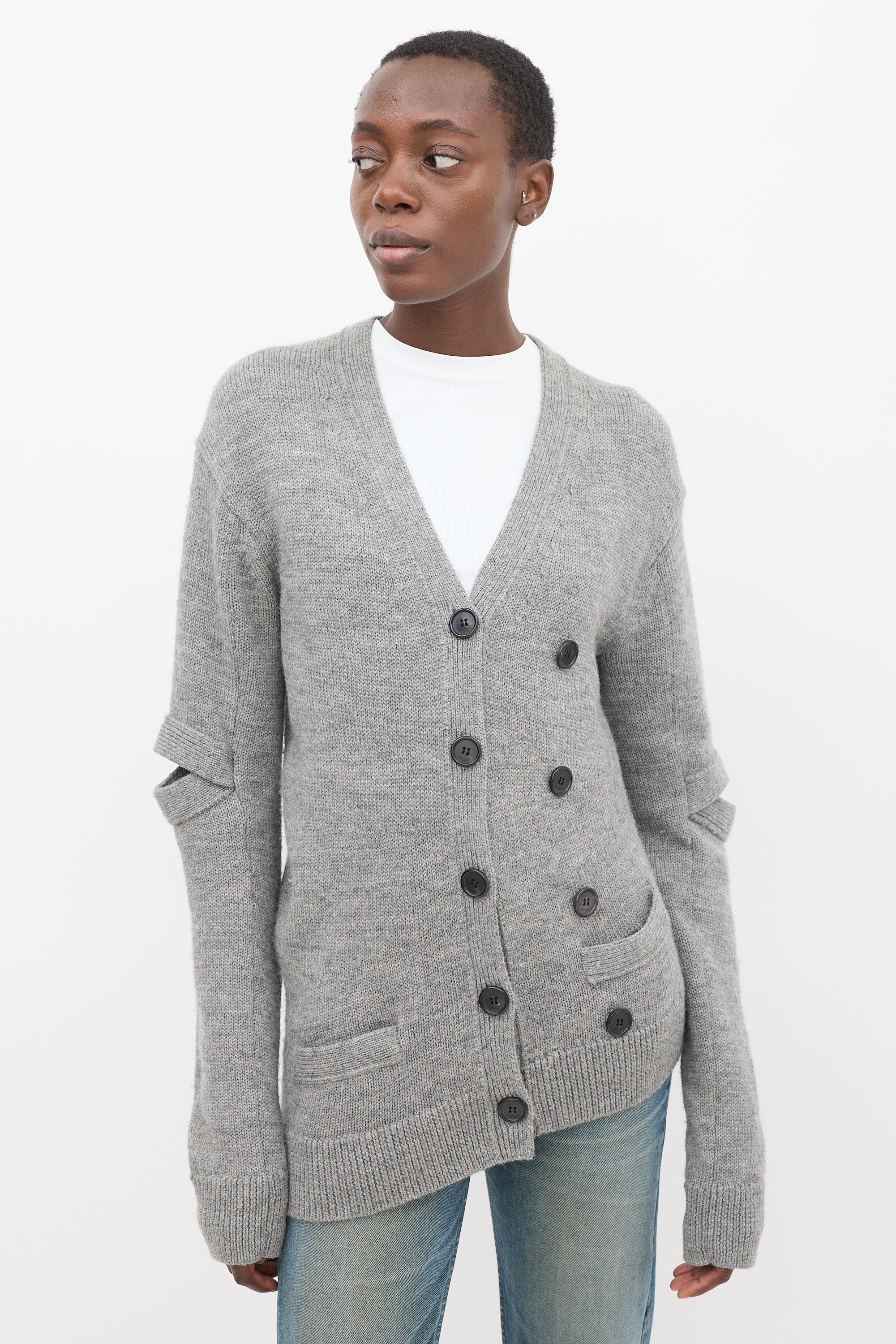 Celine Grey Wool Elbow Slash Cardigan