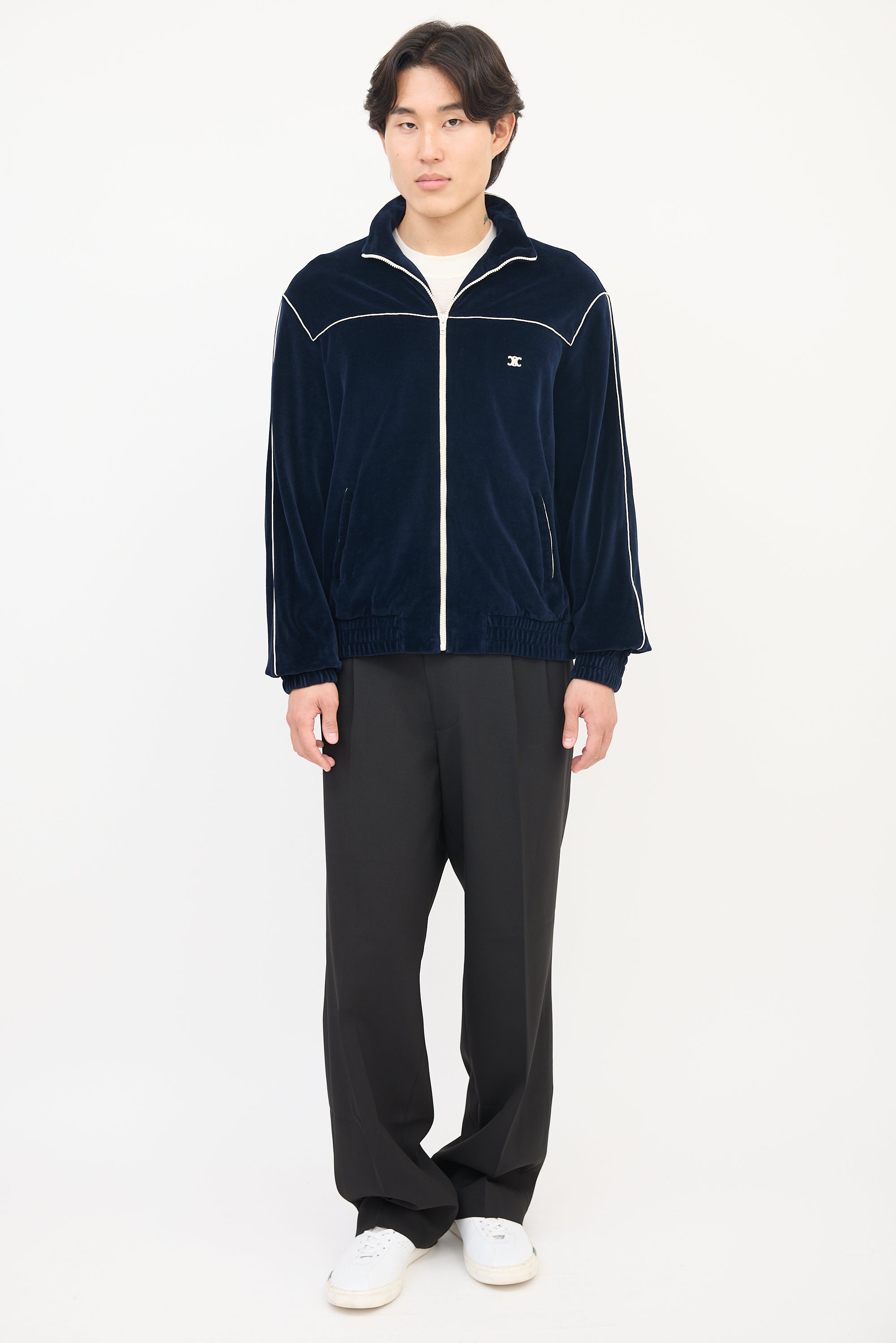 Celine Navy Velvet Triomphe Track Jacket