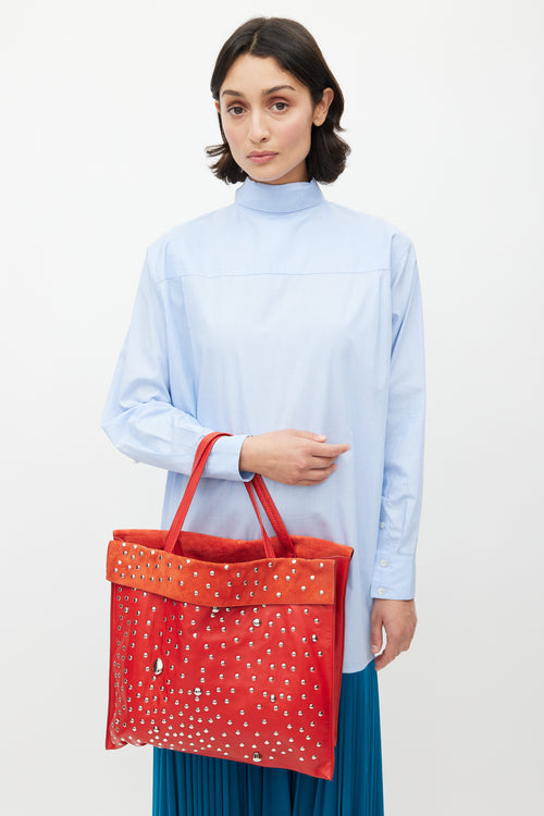 Celine SS 2017 Red & Silver Studded Cabas Tote Bag