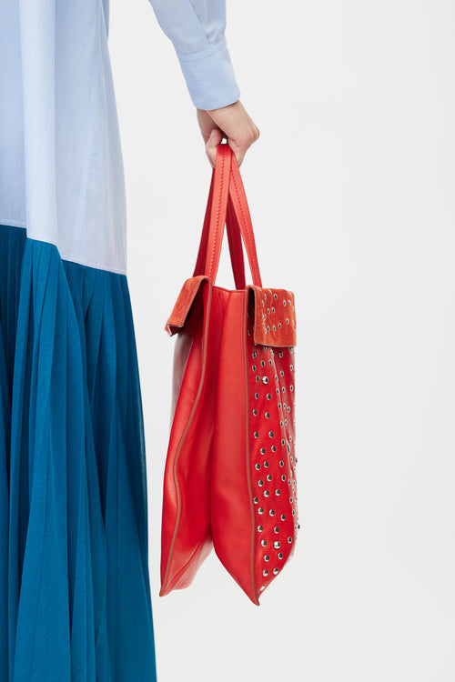 Celine SS 2017 Red & Silver Studded Cabas Tote Bag