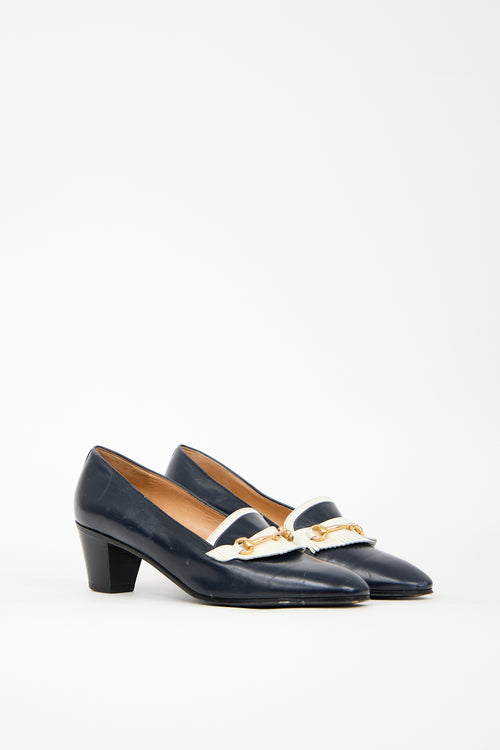 Celine Vintage Navy & White Leather Heeled Loafer