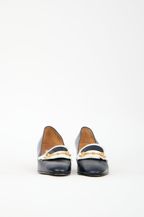 Celine Vintage Navy & White Leather Heeled Loafer