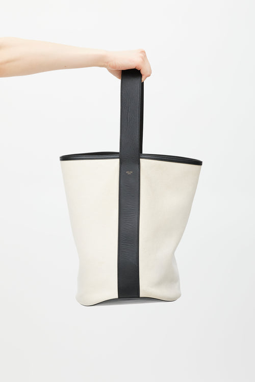 Celine White & Black Leather Bucket Tote