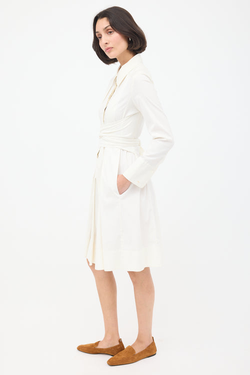 Celine White Cotton Tie Waist Pleated Shirt Dress
