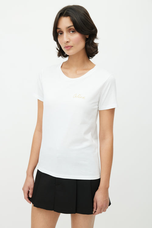 Celine White & Gold Embroidered Logo T-Shirt