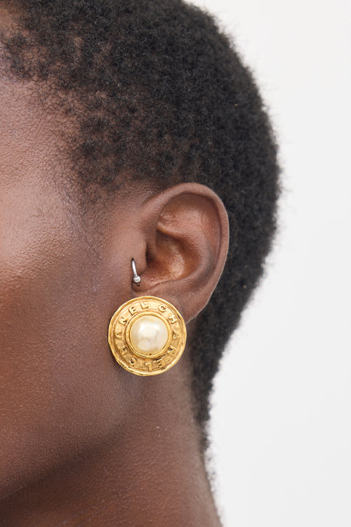 Chanel 1987 Faux Pearl Circle Logo Earrings