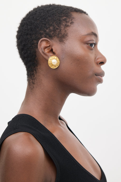 Chanel 1987 Faux Pearl Circle Logo Earrings