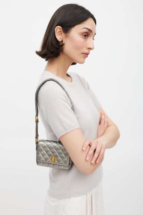 Chanel 1991 Silver Leather & 24K Gold Mini Single Flap Bag