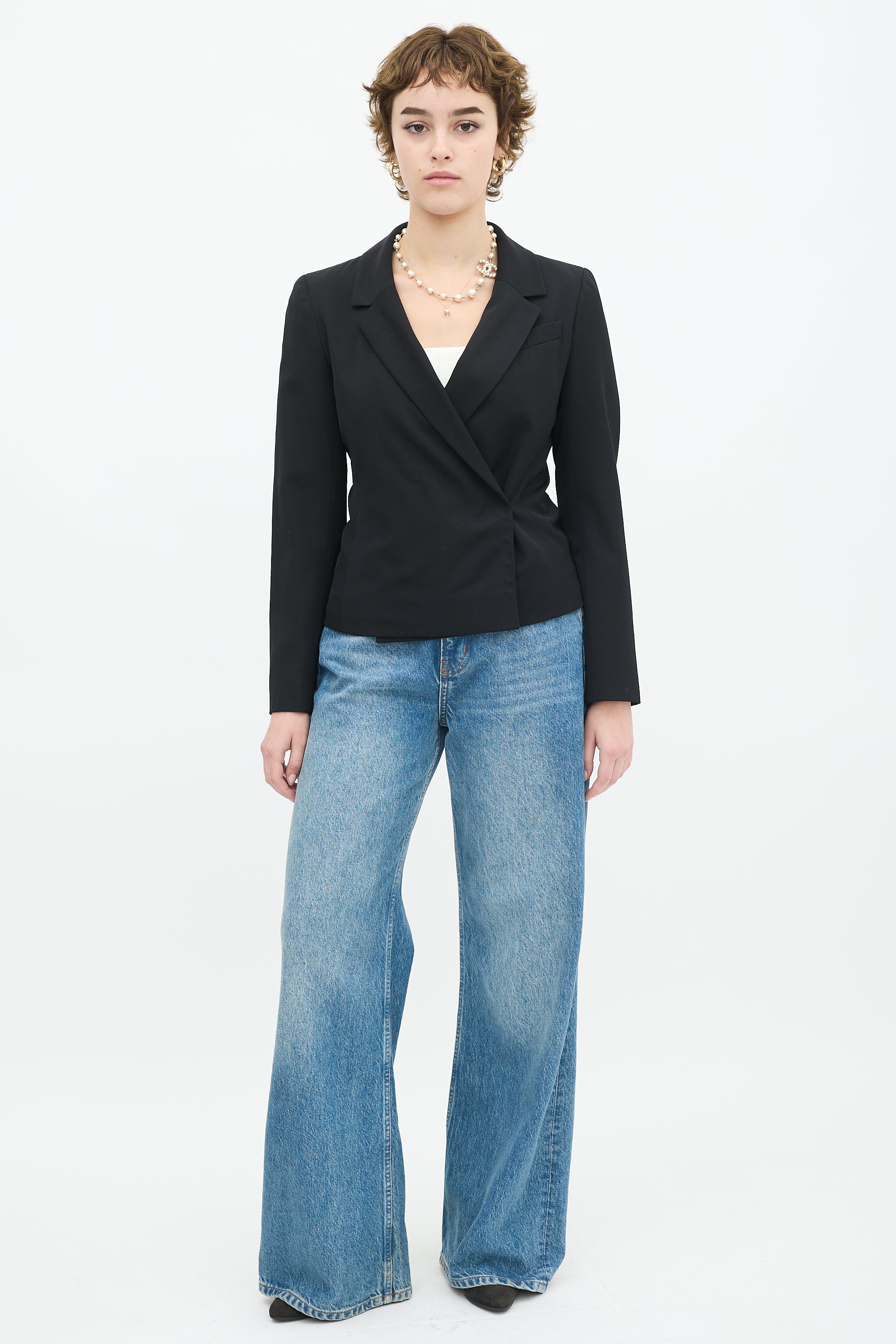 Chanel 2000 Black Wool Wrap Front Blazer