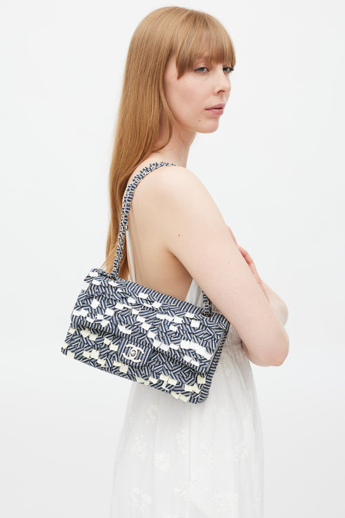 Chanel 2006-8 Blue & White Cotton Fringed Double Flap Bag