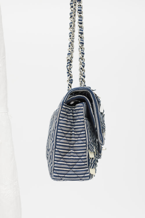 Chanel 2006-8 Blue & White Cotton Fringed Double Flap Bag