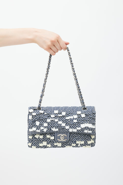 Chanel 2006-8 Blue & White Cotton Fringed Double Flap Bag