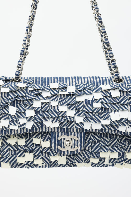 Chanel 2006-8 Blue & White Cotton Fringed Double Flap Bag