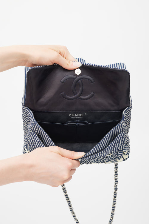 Chanel 2006-8 Blue & White Cotton Fringed Double Flap Bag