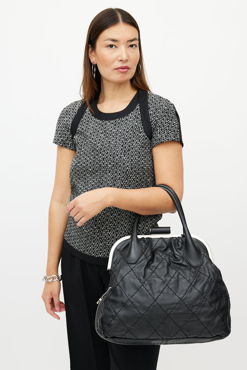 Chanel 2006 Black & Silver Expandable Zip Around Leather Bag