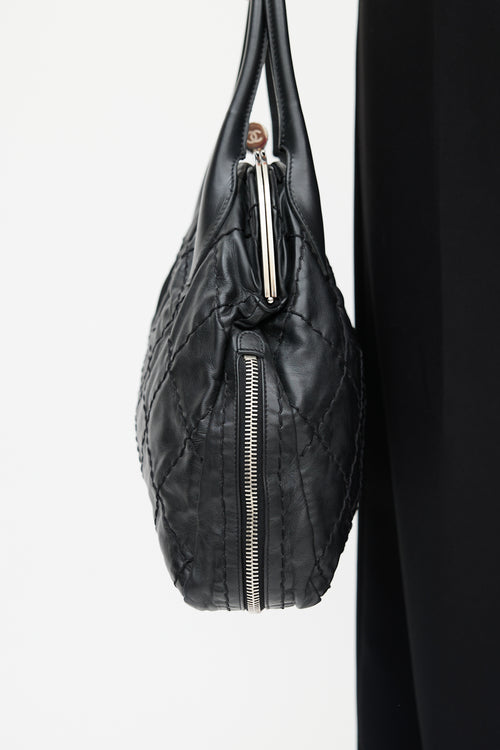 Chanel 2006 Black & Silver Expandable Zip Around Leather Bag