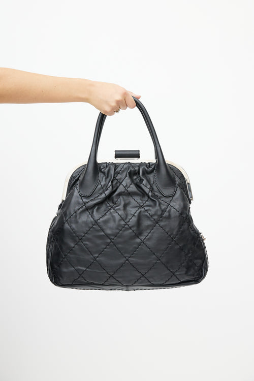 Chanel 2006 Black & Silver Expandable Zip Around Leather Bag