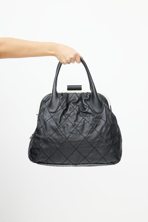 Chanel 2006 Black & Silver Expandable Zip Around Leather Bag