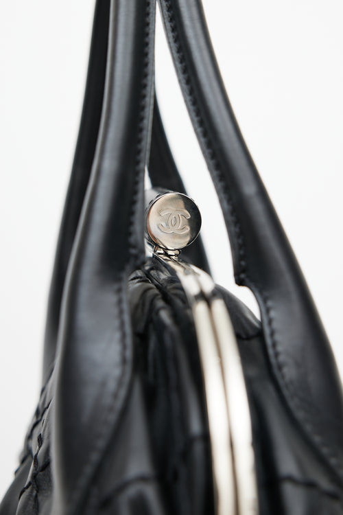 Chanel 2006 Black & Silver Expandable Zip Around Leather Bag