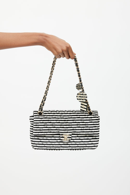 Chanel 2006 Black & White Striped Velvet Classic Flap Bag