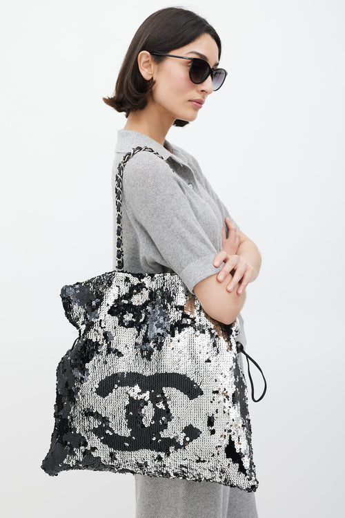 Chanel 2008 Black & Silver Sequin CC Summer Nights Drawstring Bag