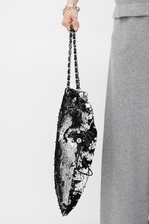 Chanel 2008 Black & Silver Sequin CC Summer Nights Drawstring Bag