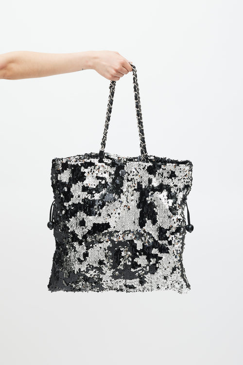 Chanel 2008 Black & Silver Sequin CC Summer Nights Drawstring Bag