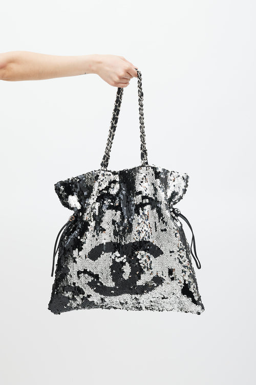 Chanel 2008 Black & Silver Sequin CC Summer Nights Drawstring Bag