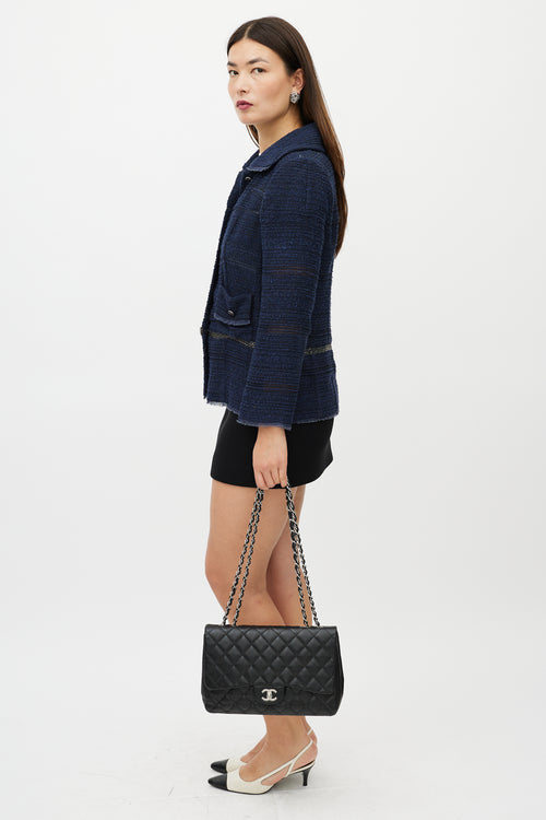 Chanel 2009 Black & Silver Jumbo Single Flap Leather Bag