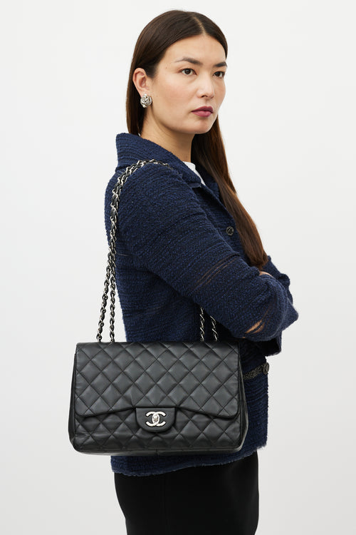 Chanel 2009 Black & Silver Jumbo Single Flap Leather Bag