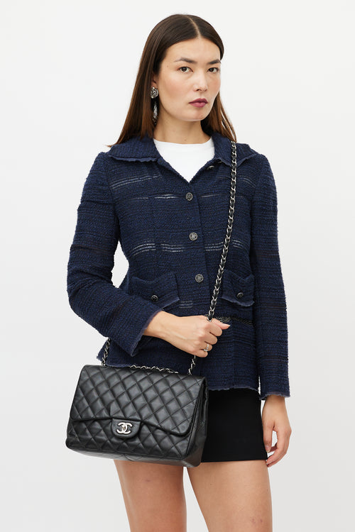 Chanel 2009 Black & Silver Jumbo Single Flap Leather Bag