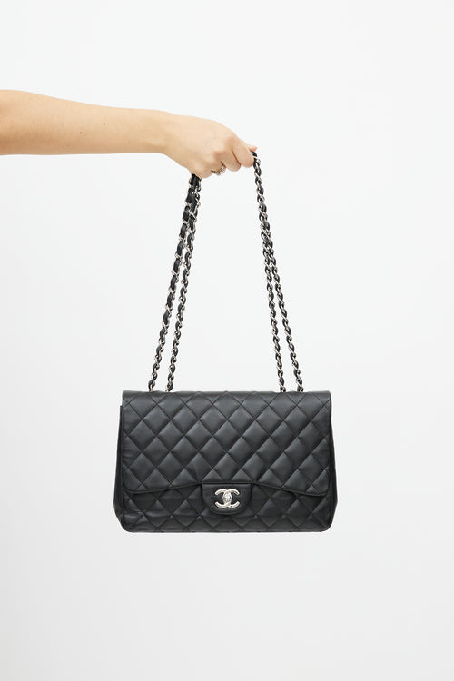 Chanel 2009 Black & Silver Jumbo Single Flap Leather Bag