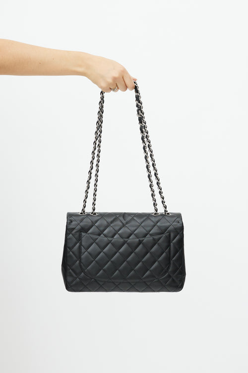 Chanel 2009 Black & Silver Jumbo Single Flap Leather Bag