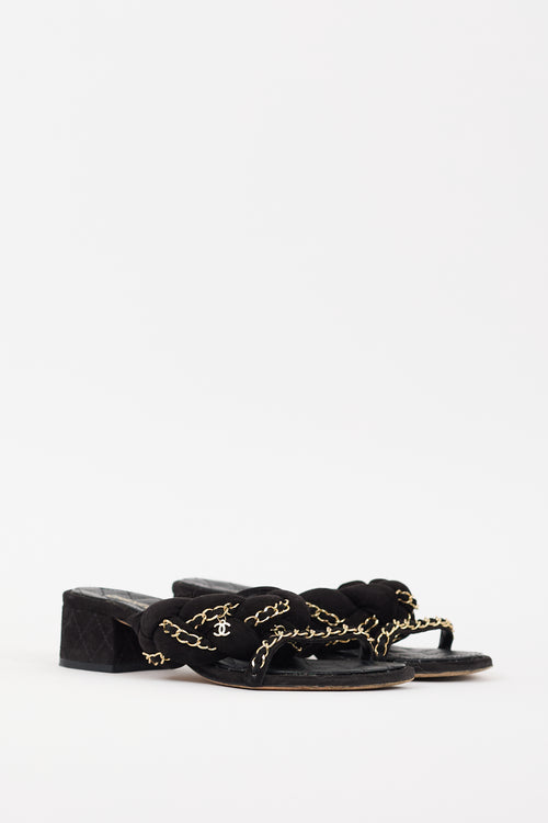 Chanel 2017 Black & Gold Suede Chain Braided CC Sandal