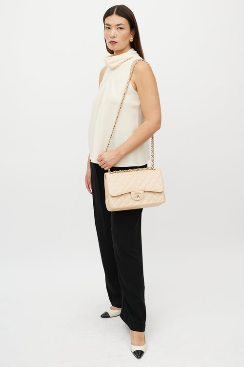 Chanel 2019 Beige Double Flap Caviar Jumbo Bag