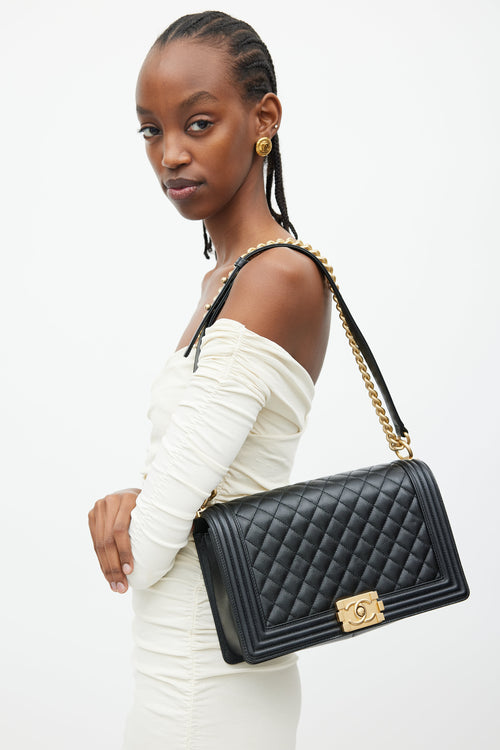 Chanel 2019 Black Caviar Leather & Gold Large Boy Bag