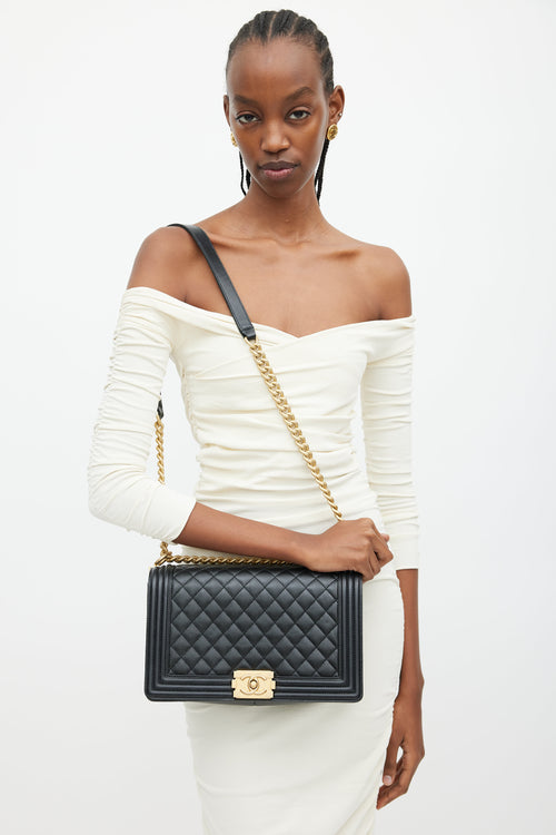 Chanel 2019 Black Caviar Leather & Gold Large Boy Bag